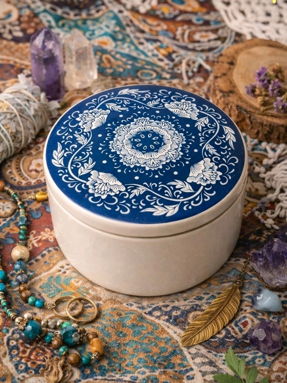 Blue Floral Ceramic Trinket Box by